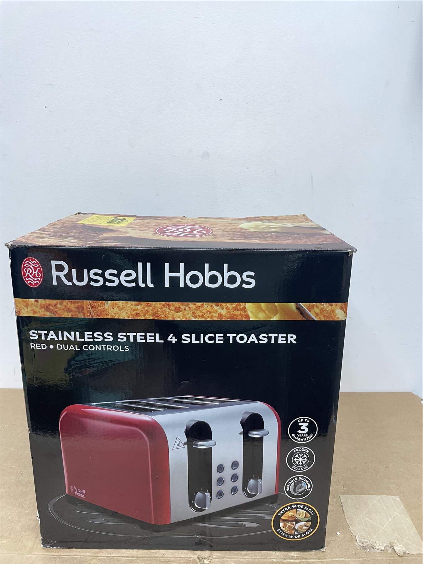 Russell Hobbs Worcester Toaster 4 Slice Red Extra Wide Stainless Steel Defrost