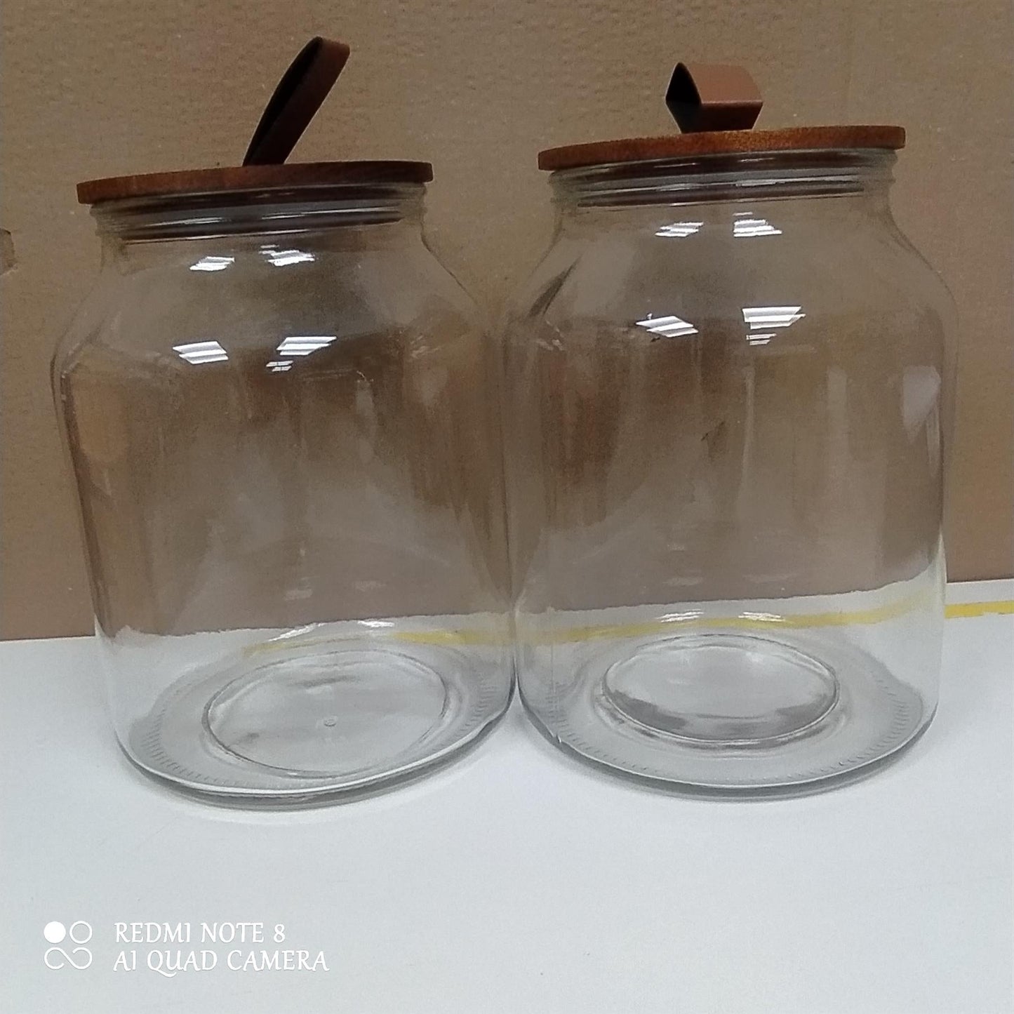 Habitat 3Litre set of 2 Glass Jars Wood Faux Leather Lid Airtight Storage Clear