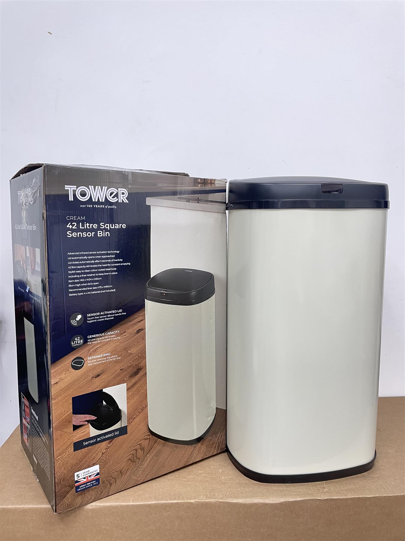 Tower Recycling 42 Litre  Square Sensor Bin lid automatically opens - Cream