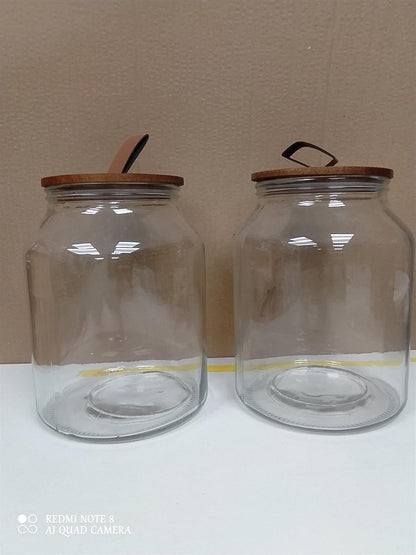 Habitat 3Litre set of 2 Glass Jars Wood Faux Leather Lid Airtight Storage Clear
