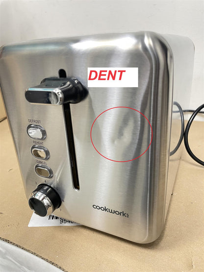Cookworks 2 Slice Toaster - Brushed Stainless Steel Defrost Black Slots Bagel