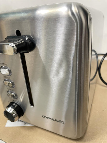 Cookworks 2 Slice Toaster - Brushed Stainless Steel Defrost Black Slots Bagel
