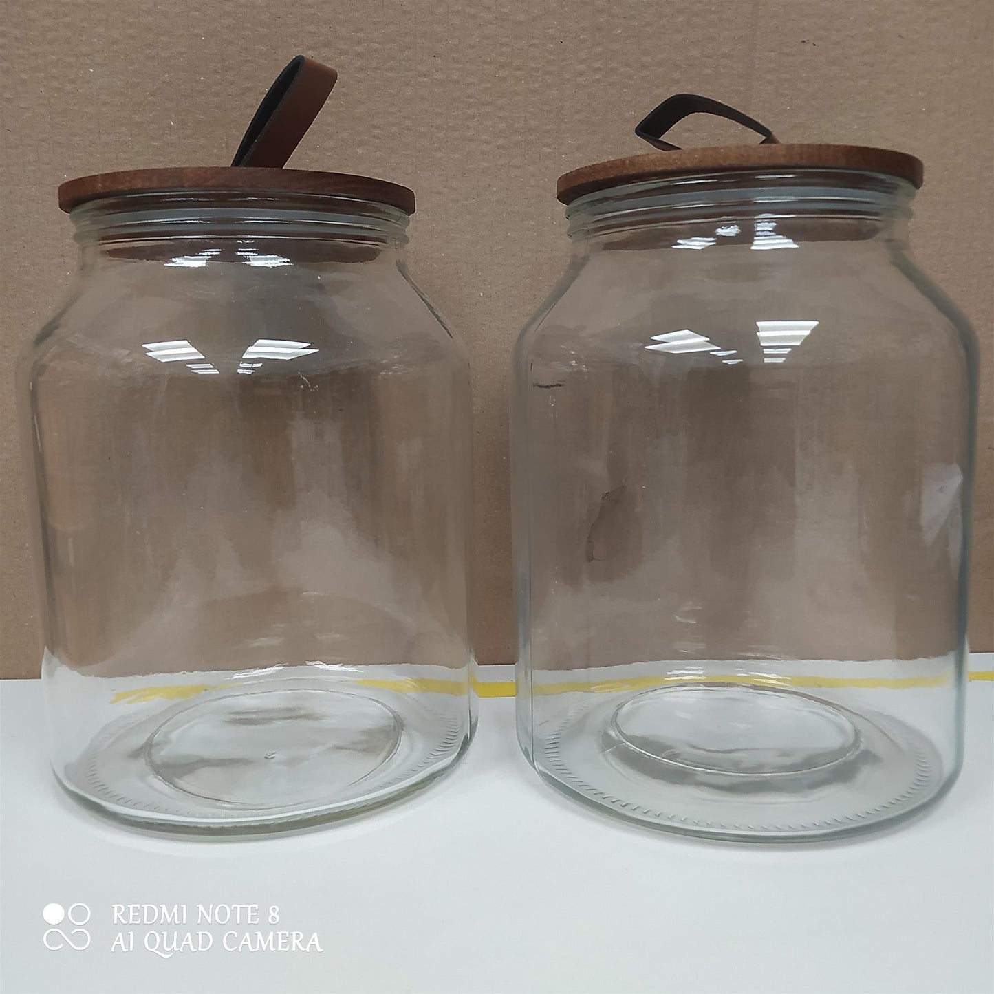 Habitat 3Litre set of 2 Glass Jars Wood Faux Leather Lid Airtight Storage Clear