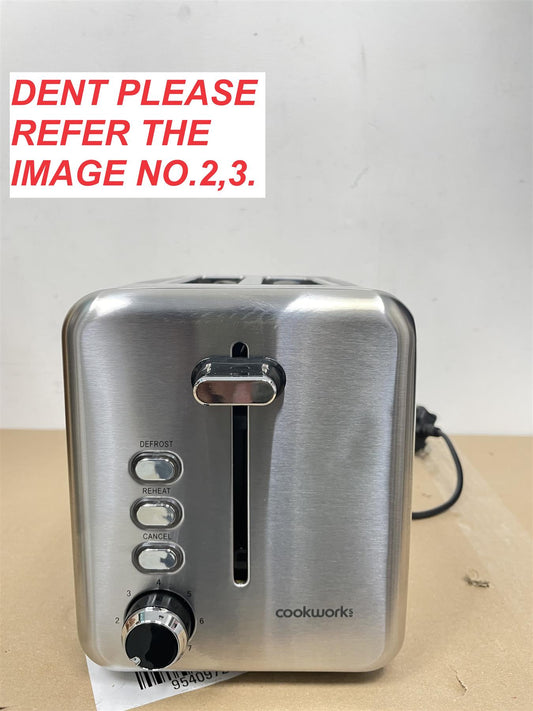 Cookworks 2 Slice Toaster - Brushed Stainless Steel Defrost Black Slots Bagel