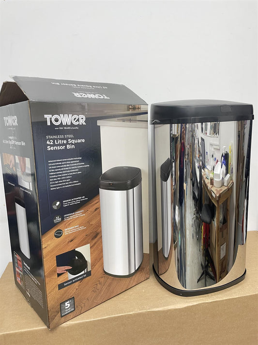 Tower Recycling 42 Litre Square Sensor Bin lid automatically opens - black